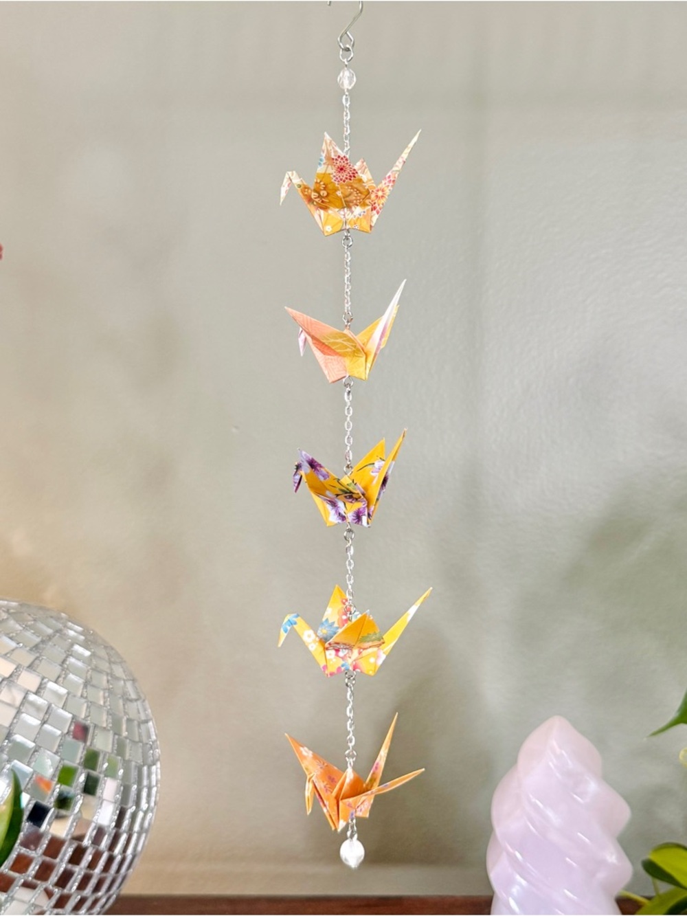 Origami Ornament #2509 - 5 Small Cranes in Orange and Yellow